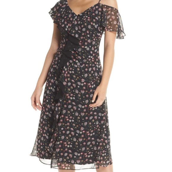 Sam Edelman Black Floral V-Neck Ruffled Midi Dress Size 4 - Picture 10 of 16